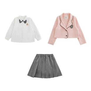 幼悠女童粉红学院风2025春季短款西服百褶半裙正肩翻领衬衫三件套