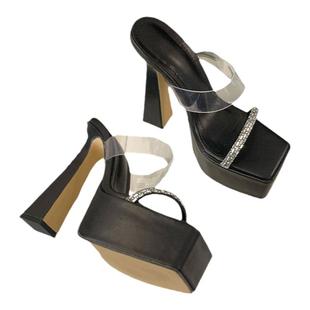 15cm恨天高水钻一字凉拖鞋女性感宴会走秀配礼服粗跟防水台高跟鞋