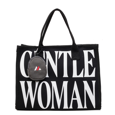 黑色字母印花大容量托特包女士