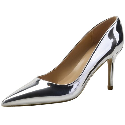 银色细跟高跟鞋尖头漆皮女单鞋