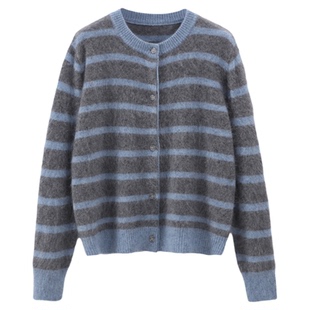Jicouture 纯羊毛蓝灰条纹宽松开衫女冬季宽松复古内搭保暖针织衫