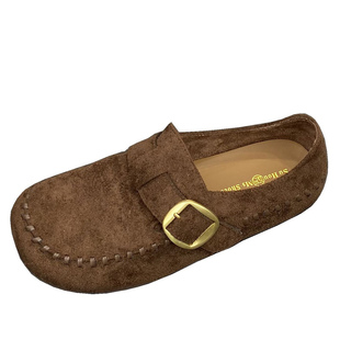 2026年春款复古反绒面乐福鞋女一脚蹬金属扣平底软底不累脚单鞋