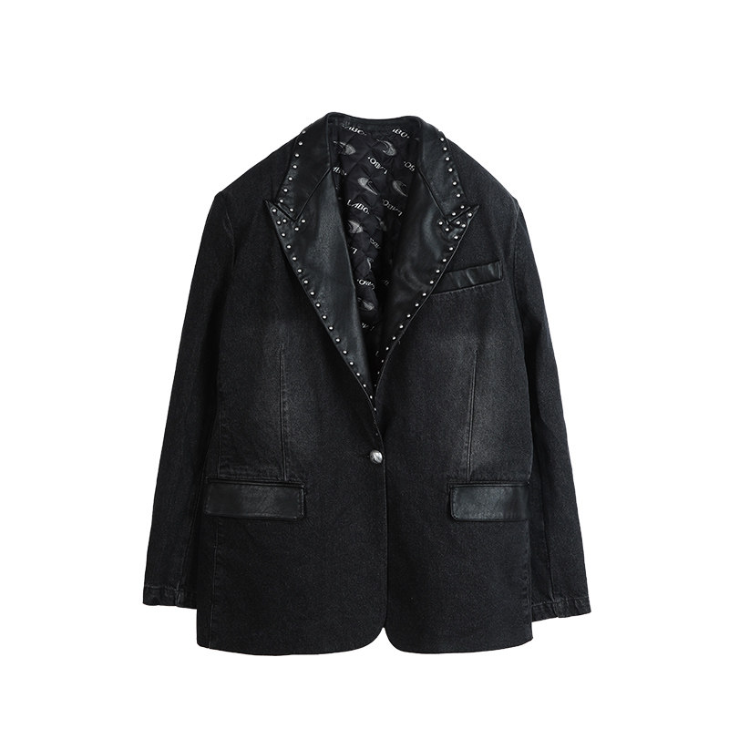 复古休闲铆钉拼接牛仔夹克外套