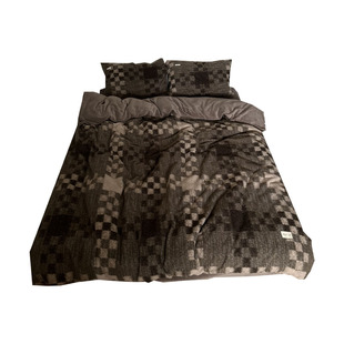 乐观主义|复古灰棕棋盘格加厚仿羊绒四件套1.8米牛奶绒冬天男生