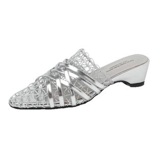 「牧野」新款坡跟编织网面镂空半拖鞋女时尚外穿高跟凉拖鞋银色