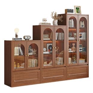 落地书柜中古风客厅书架展示柜带门手办柜玻璃柜立柜自由组合柜子