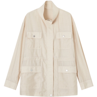 德玛纳工装风立领宽松外套女26春季新款抽绳收腰多口袋中长款上衣