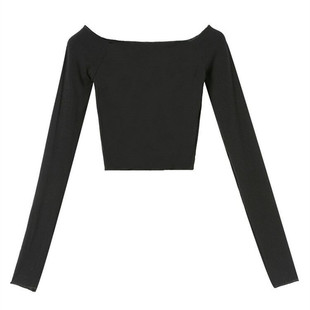 一字肩上衣女露肩高级感辣妹长袖正肩t恤初秋紧身短款黑色打底衫