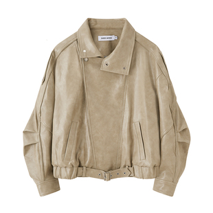 DIDDIMODA 嵌条分割机车长袖宽松短款皮衣外套2025年秋季新款