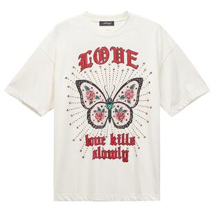 Ed Hardy埃德哈迪春季流行新款美式复古烫钻蝴蝶宽松女士短袖T恤