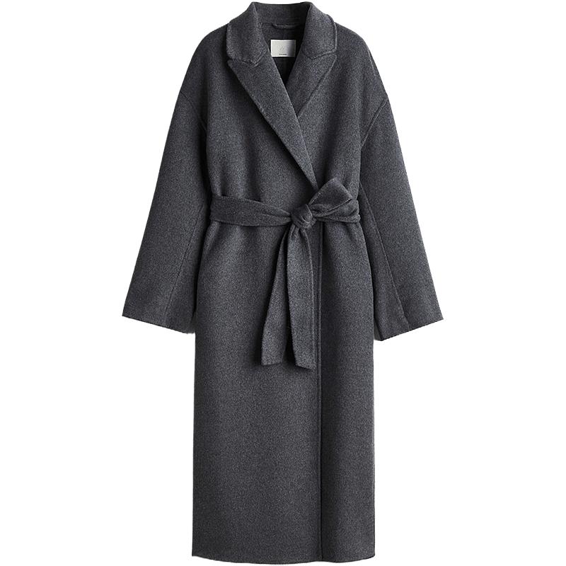 HM女装毛呢外套冬季修身翻驳领羊毛混纺长款大衣1252419