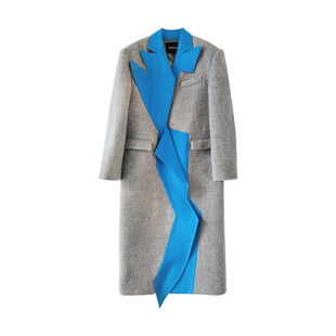 ANNAKIKI大衣冬款设计师款女装小众撞色拼接羊毛异型门襟长大衣