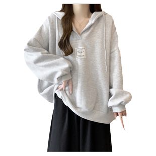 V领连帽卫衣女春秋薄款2026新款韩版宽松美式慵懒chic上衣外套潮