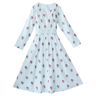 5折【荼靡花开】复古收腰绣花连衣裙女秋季精致亚麻棉刺绣长裙子