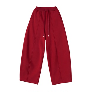 韩系弯刀镰刀裤直筒阔腿裤红色卫裤宽松运动休闲裤女秋冬加绒加厚