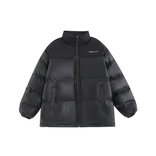 INSstudios 国潮牌冬季情侣美式拼色小LOGO棉服PU皮棉衣拉链外套