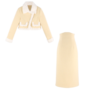 秋冬高级感黄色小香风短款外套女高腰直筒半身长裙名媛气质小洋装