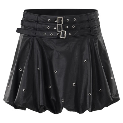 黑色多腰带皮短裙朋克金属装饰