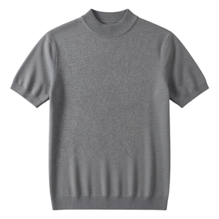 极简风半高领针织衫男短袖立领打底衫半袖毛衣高级感羊毛衫T恤薄