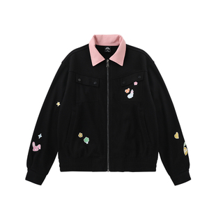 LAMLICKA黑色绣花翻领灯芯绒夹克男秋冬加厚撞色潮牌宽松开衫外套