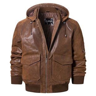秋冬新款真皮皮衣男美式休闲猪皮真皮夹克大码加棉连帽外套男