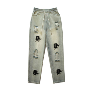 烦恼的Octopusl国潮美式破洞星星皮标牛仔裤直筒宽松百搭长裤子男