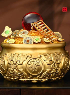 黄铜聚宝盆摆件五福香炉龙凤铜缸中式家居摆设客厅桌面装饰工艺品
