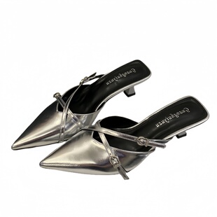 2025新款尖头半拖单鞋女鞋春秋外穿包头穆勒凉拖细跟皮带扣高跟鞋