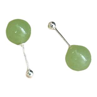 s925银翠绿耳钉螺丝拧扣设计睡觉不用摘和田玉圆珠镶嵌绿珠耳饰品