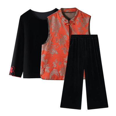 新中式妈妈春秋款盘扣马甲三件套洋气中老年女装气质显瘦两件套装