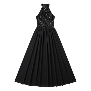 法式黑色亮片连衣裙高级感挂脖无袖露背长裙成人礼生日聚会礼服