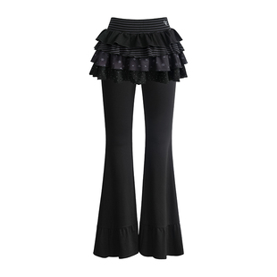 【25年秋】UNIFREEPLUS大码黑色辣妹微喇裤弹力长裤叠穿半裙套装