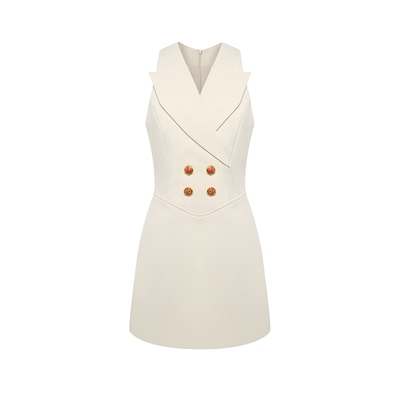 Maison Wester夏季官方女士通勤百搭复古米白色双排扣无袖连衣裙