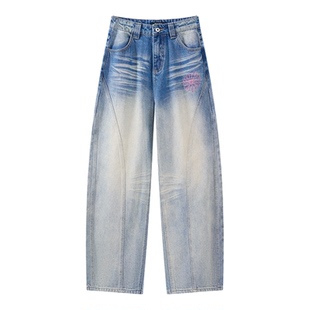 MARDI美式复古水洗做旧弯刀牛仔裤女宽松阔腿拖地长裤直筒女士