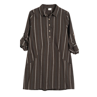 春装女2025年新款 大码女装韩版宽松条纹衬衣女 中长款衬衫上衣女