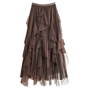 不规则纱裙百褶网纱半身裙女裙子秋冬2025小个子荷叶边长裙半裙