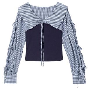 KEIKO 韩系格纹翻领拼接长袖衬衫25秋季气质通勤修身显瘦系带上衣