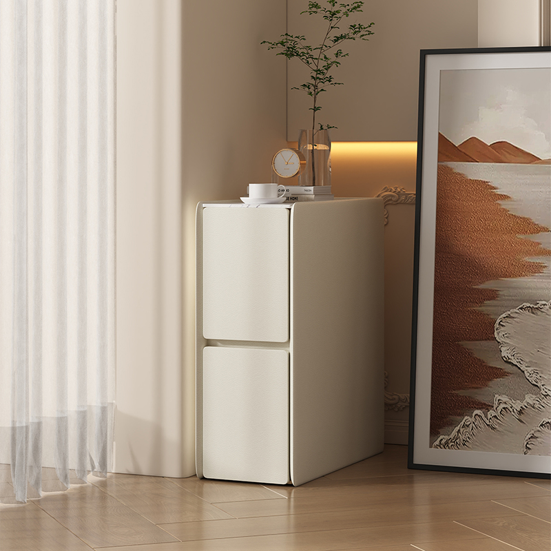 三梦超窄床头柜实木现代简约岩板极简奶油风皮质小型床边收纳柜子