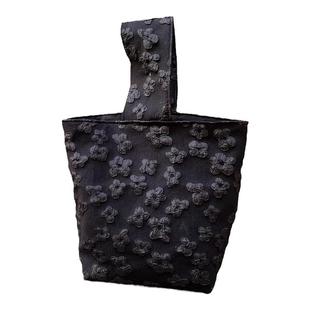 手工自制手提手拎浮雕提花黑色便当小布包布袋子便携小号迷你森系