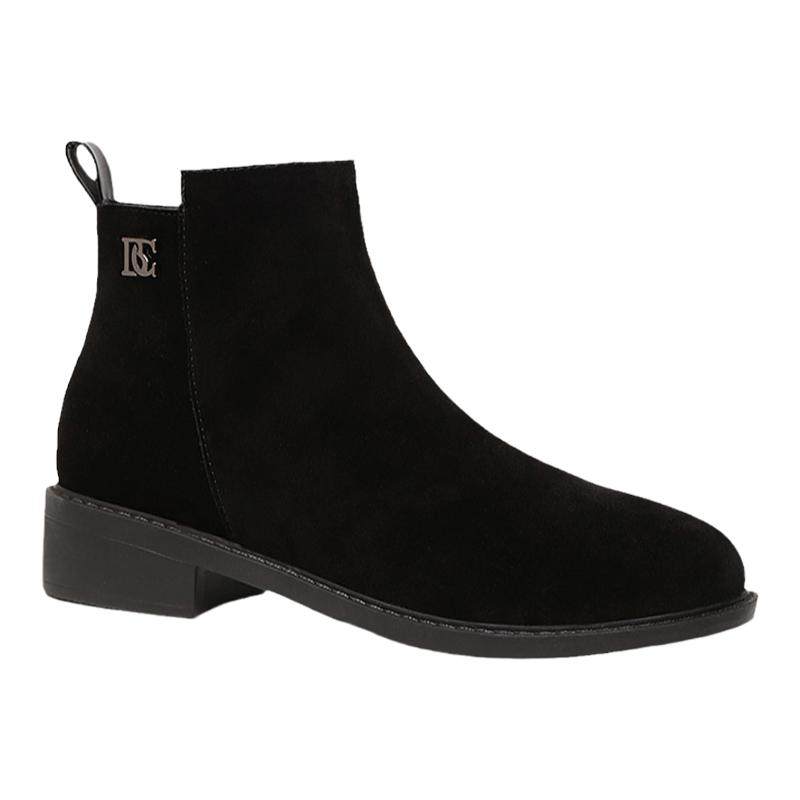 2025秋冬新款短靴女磨砂皮中跟粗跟短筒裸靴绒面尖头拉链加绒女鞋