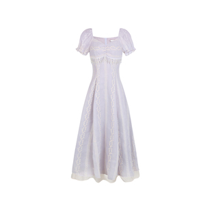 松本丧丧法式新中式温柔泡泡袖A字连衣裙女夏紫色V领收腰度假裙子