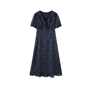 时然微胖大码女装雪纺连衣裙26夏新款收腰显瘦遮肉V领碎花茶歇裙