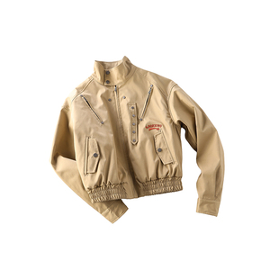 F383 美式复古工装棉服夹克立领短款纽扣刺绣设计飞行员外套女ins