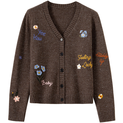 【绵羊毛】BANANA BABY2025年冬季新款复古刺绣V领针织开衫女毛衣