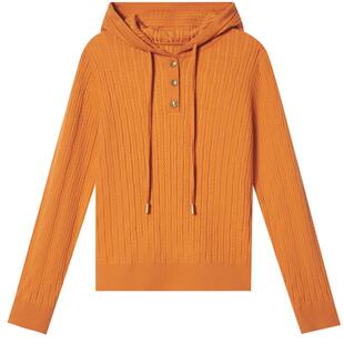 PSALTER诗篇丝光羊毛减龄学院南瓜橙绞花连帽套头低圆领毛针织衫