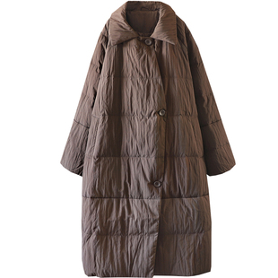 宽松大版过膝长款纯色羽绒服女慵懒翻领90%白鸭绒保暖外套面包服