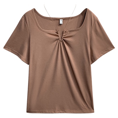 大码女装春夏200斤胖MM性感交叉绑带短袖针织打底衫上衣31420