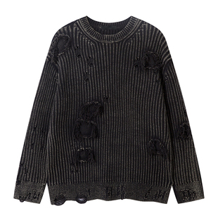 MRNEARLY美式街头废土风重工水洗流苏毛衣男高街破坏做旧针织衫潮