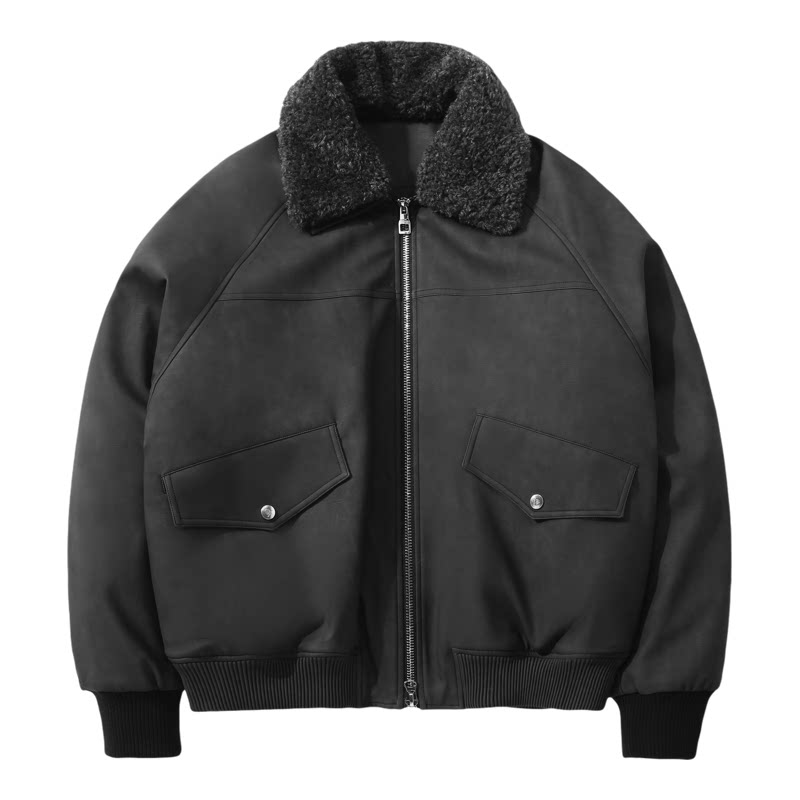 ALLIN 可拆卸毛领黑色皮夹克羽绒服男冬季防风保暖情侣机车服外套