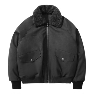 ALLIN 可拆卸毛领黑色皮夹克羽绒服男冬季防风保暖情侣机车服外套